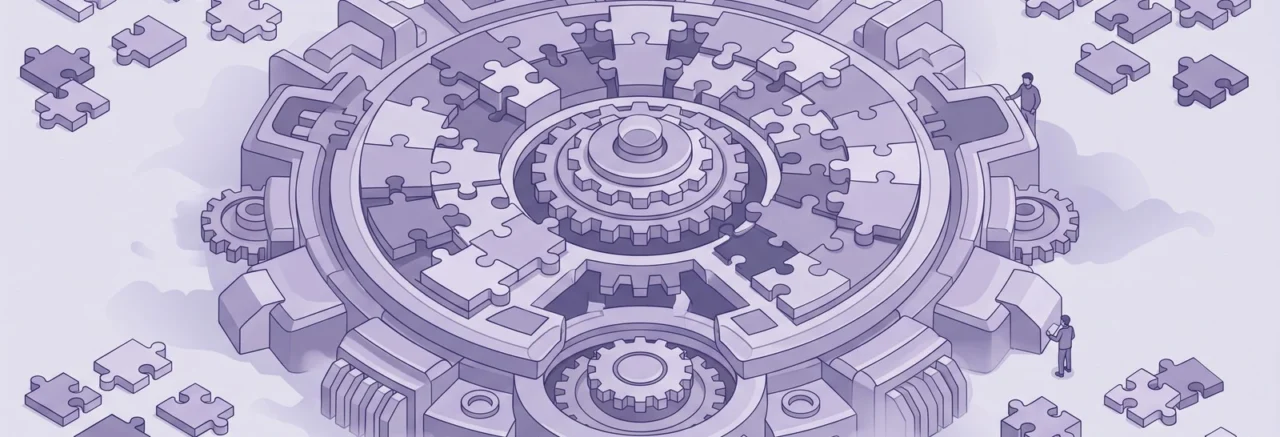 Isometric illustration of a Moodle plugin machine with puzzle pieces missing from it, showing plugins not migrated to Moodle Marketplace