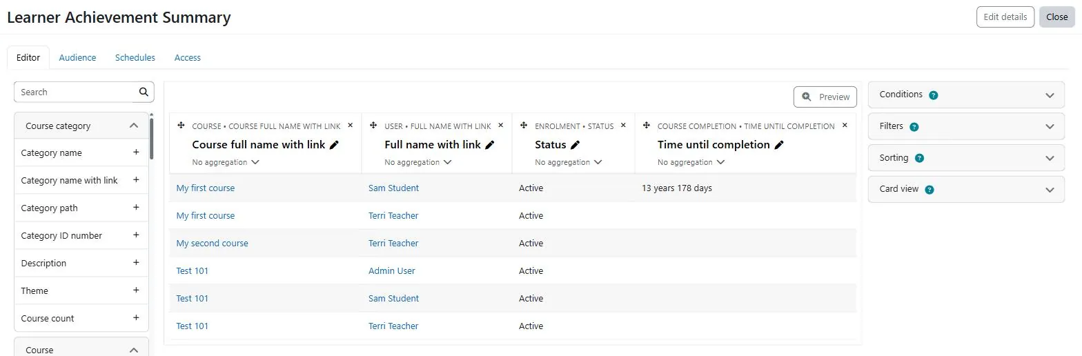 The Moodle report builder custom report editor showing the course, learner, enrolment status and completion columns used to build a Moodle learner achievement overview