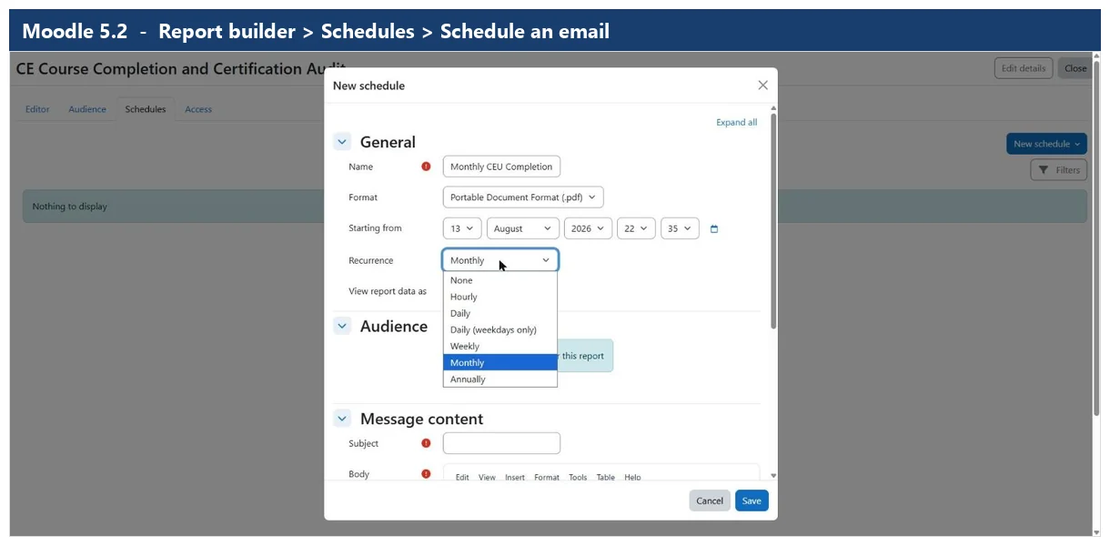 Moodle report scheduling screen showing recurrence options