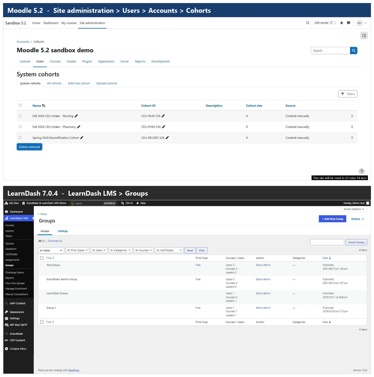 Moodle system cohorts screen compared with the LearnDash Groups screen