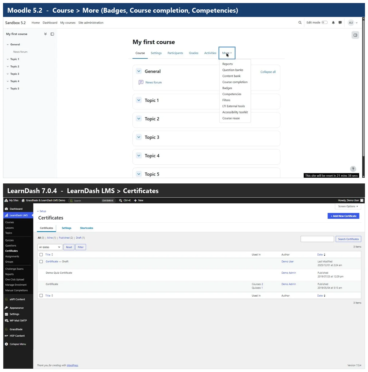 Moodle course badges menu compared with the LearnDash certificates screen