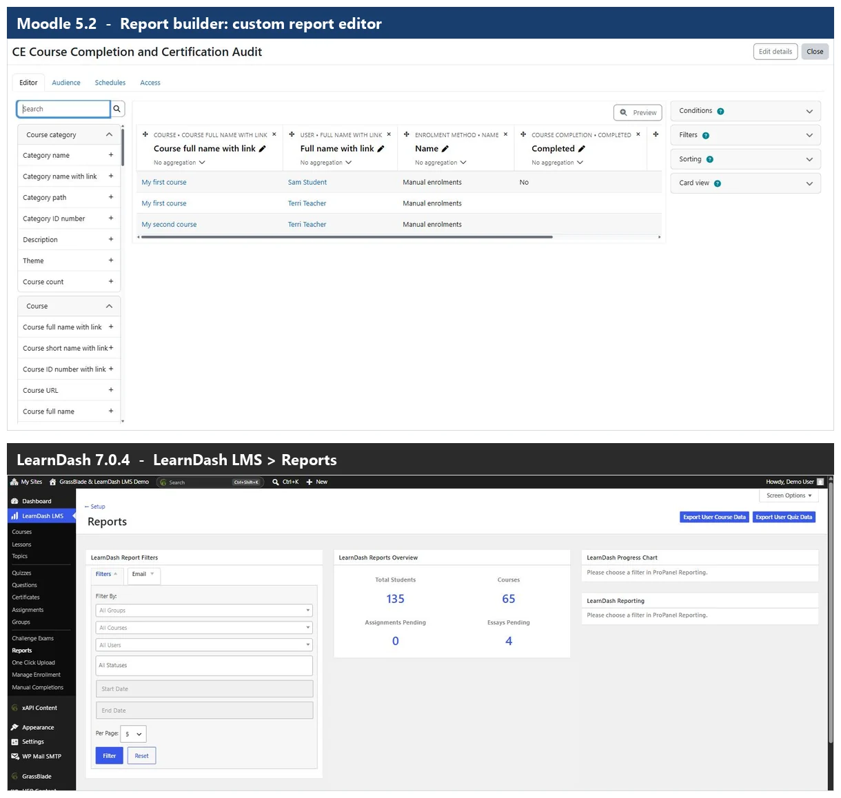 Moodle custom report builder compared with the LearnDash reports screen
