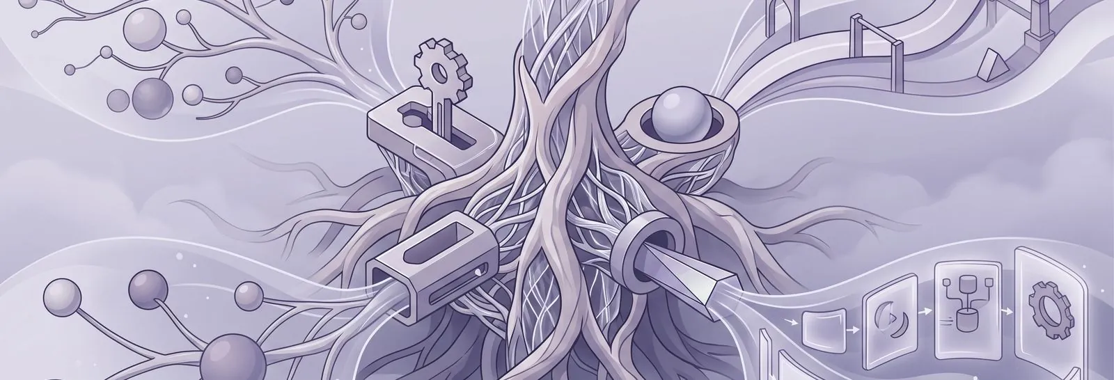 Branching tree woven through gears and workflow icons, representing native options for Moodle banners based on user roles