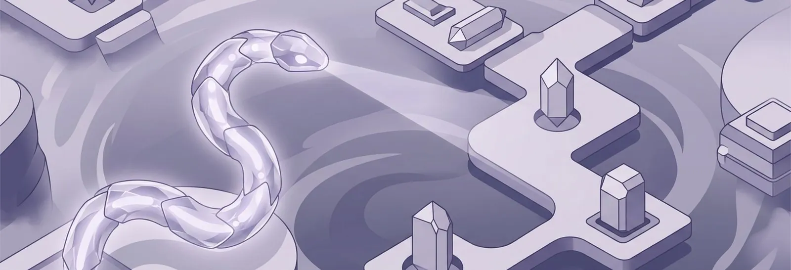 Glowing crystalline guide casting a beam across dark swirling terrain toward a lit platform of crystals, evoking expert guidance on Moodle LLM adoption