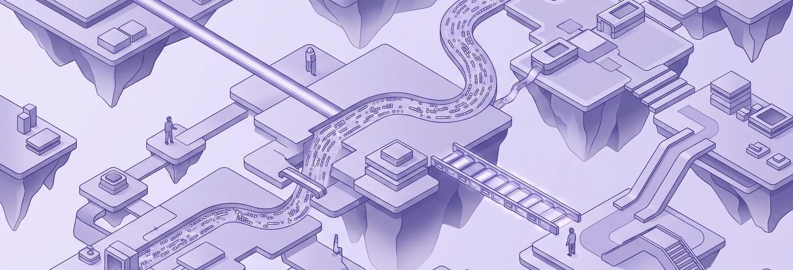 An isometric landscape of floating platforms joined by four different connections, a beam, a winding road, a ladder and a staircase, standing for the four routes to a Moodle org chart