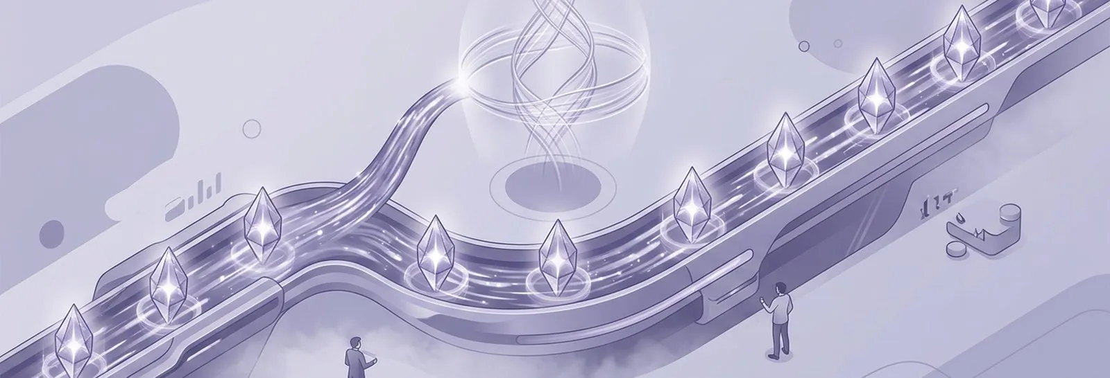 Conveyor of glowing crystals feeding a helix of light, symbolizing expert-managed Moodle banners based on user roles