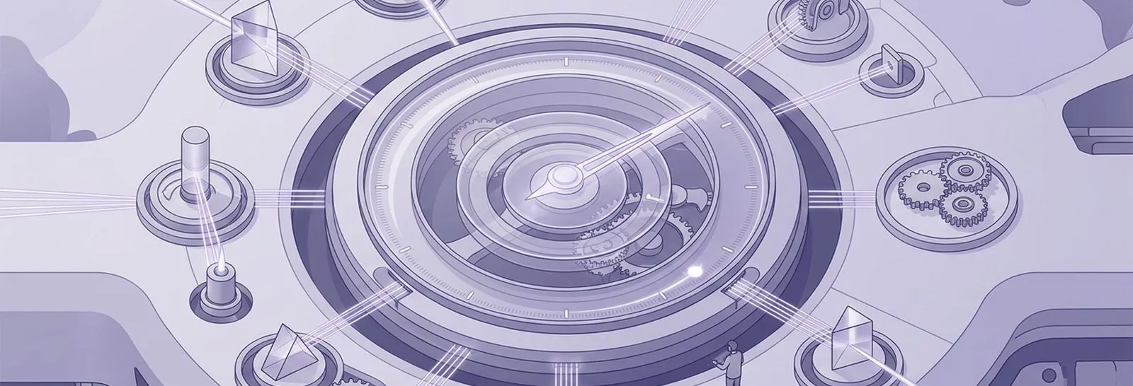 Clockwork compass dial ringed by gears and data beams, representing expert-tuned setups that track file downloads in Moodle