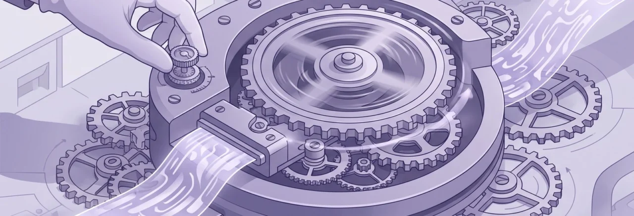 Hand adjusting a timing dial on a large gear mechanism with flowing data streams, tuning how to schedule Moodle custom reports hourly