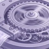 Hand adjusting a timing dial on a large gear mechanism with flowing data streams, tuning how to schedule Moodle custom reports hourly