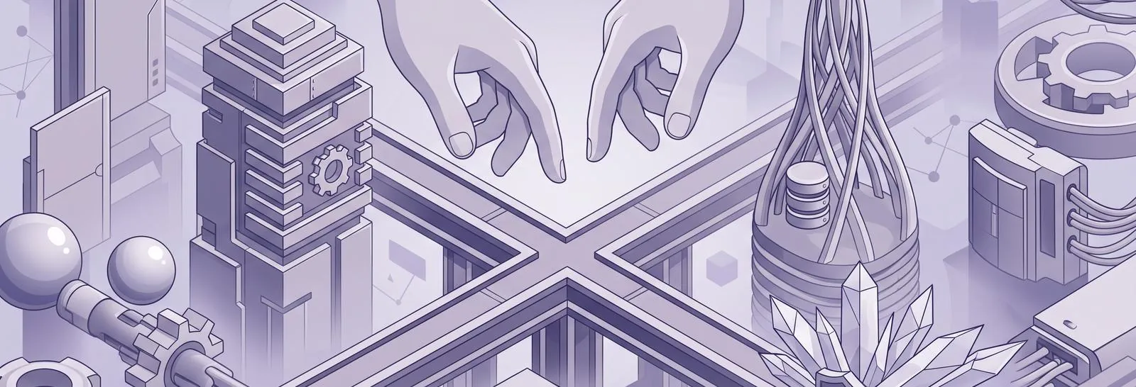 Stylized hands hover over foundational beams, each leading to a distinct architectural vision for a Moodle org chart