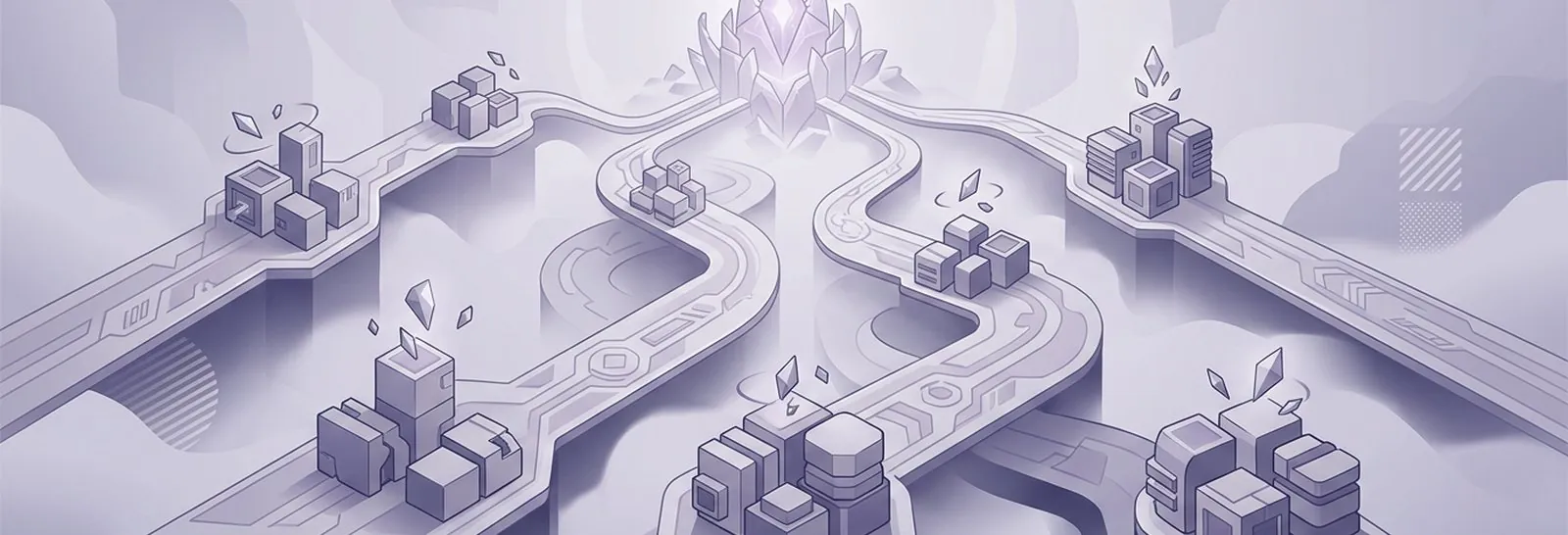 Winding elevated roads carrying clusters of blocks toward a glowing crystal bloom, illustrating strategic implementation pathways for Moodle LLM