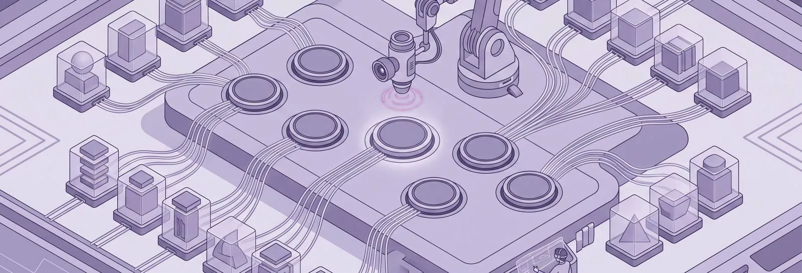 A robotic arm precisely manages data streams flowing between Moodle content modules and cache storage, illustrating the resolution of Moodle cache issues