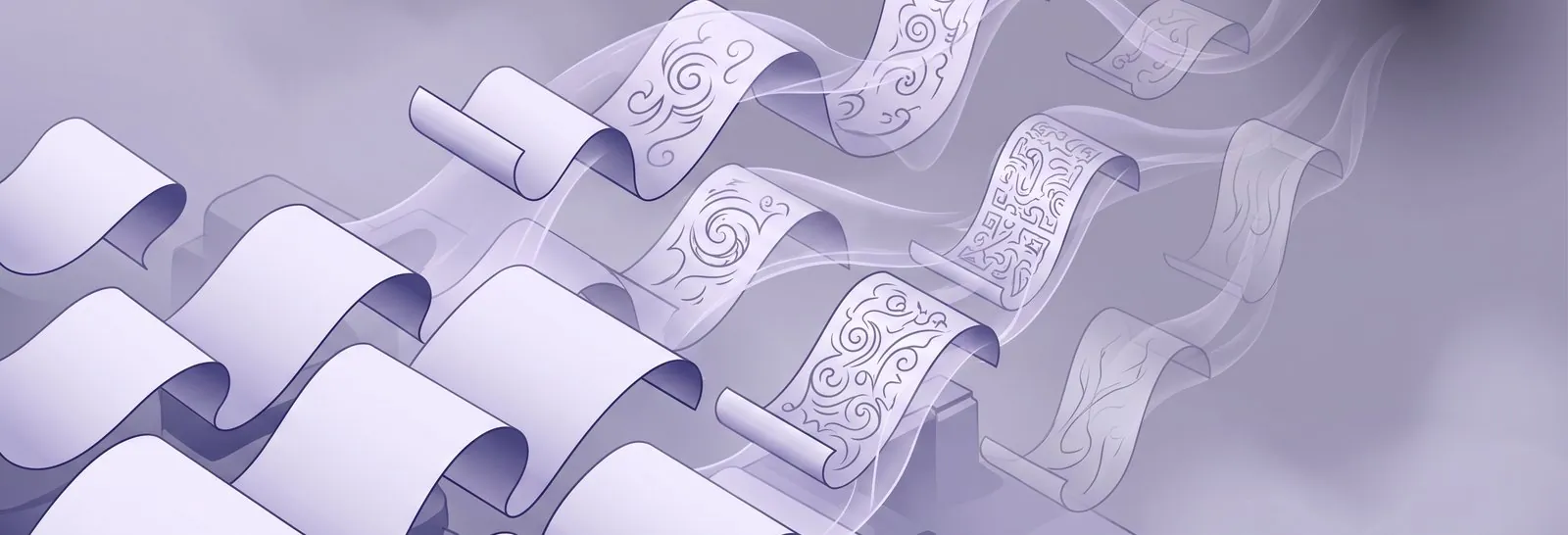 Rows of blank scrolls giving way to ornately patterned ones that fade into vapour, an illustration of templates and retirement rules set by moodle course creation permissions