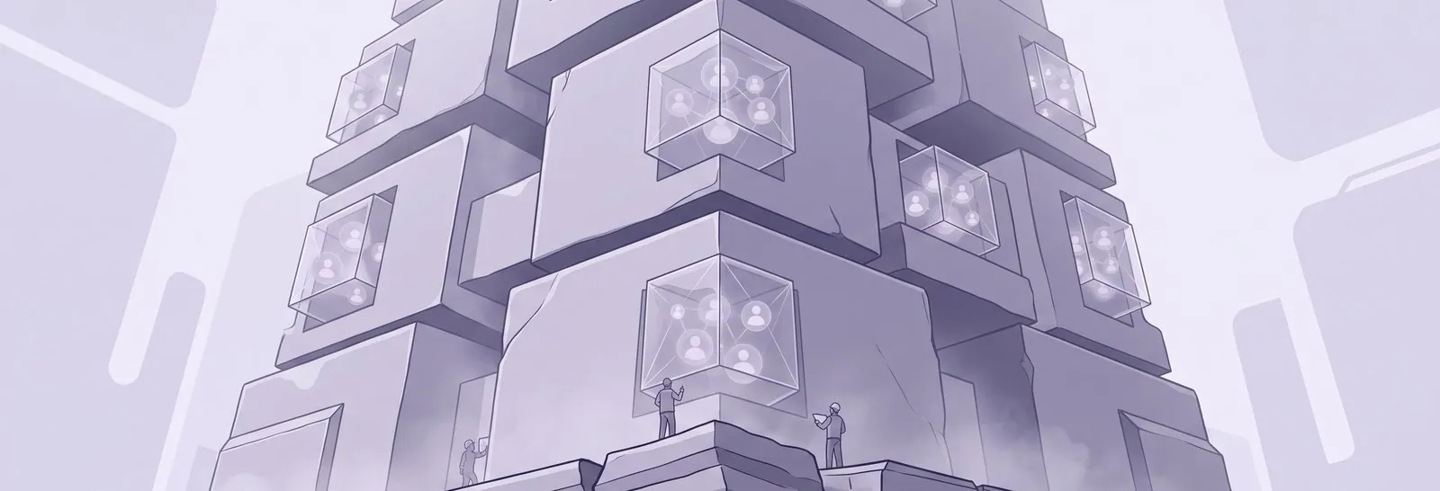 Small figures stand at the base of a towering stack of stone blocks, each block holding its own sealed cube of user icons, the flat and disconnected groupings that a Moodle org chart replaces