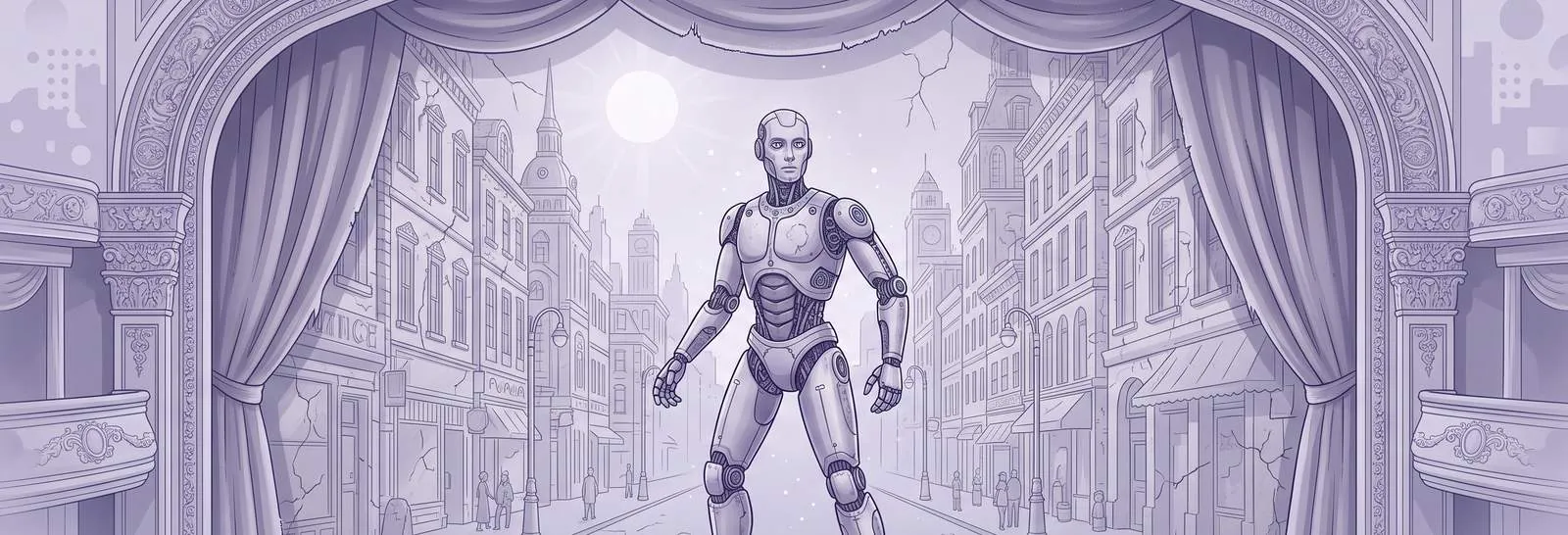 A grand theatre stage with a static automaton and a painted city backdrop illustrates misleading Moodle cache issues