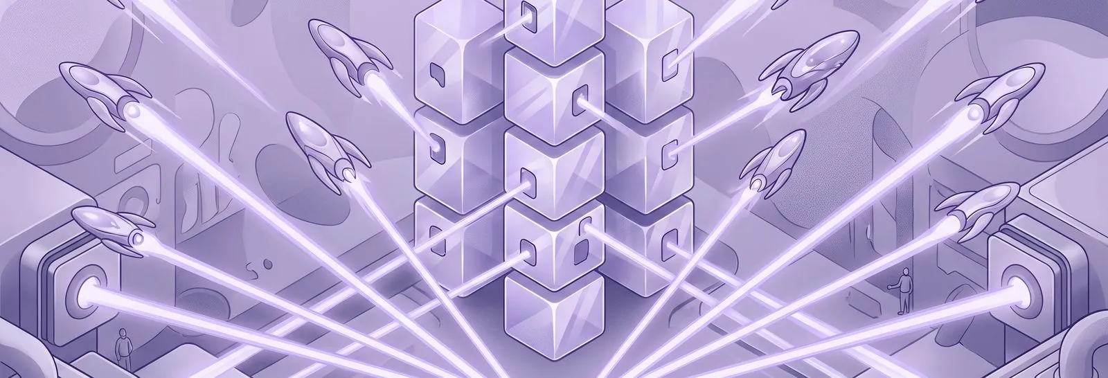 Rockets aiming light beams at a tower of locked cubes, showing completion rules that help Moodle track file downloads with consequences
