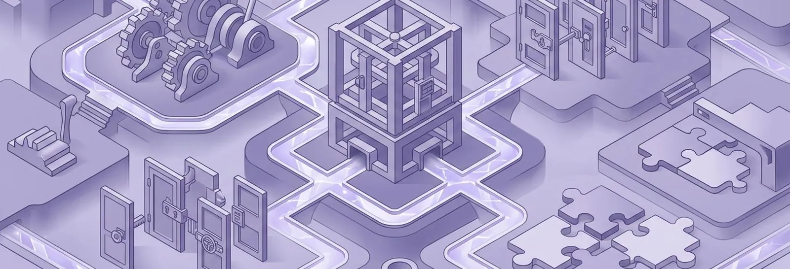 Isometric platforms linked by glowing paths, with gears, open gateways and puzzle pieces around a wireframe core, mapping the Moodle LLM landscape