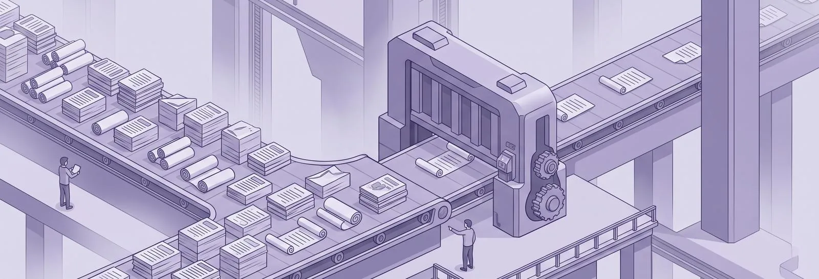 Press machine stamping out stacks of report documents on a conveyor belt, illustrating the repeating cycle when you schedule Moodle custom reports hourly