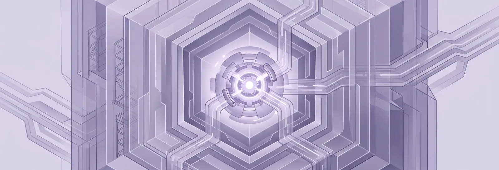 An oblique view into a multi-layered crystalline structure, like a Moodle org chart, with data streams flowing towards a glowing central data mechanism