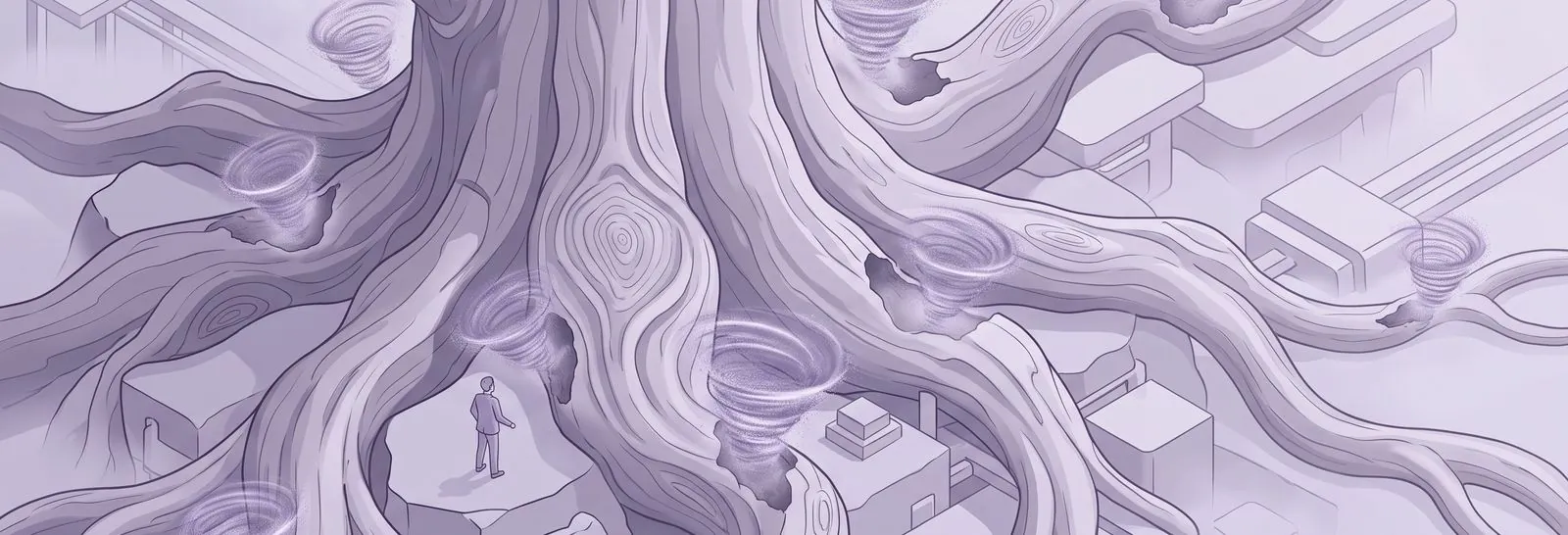Ancient petrified tree roots and trunk, symbolizing a robust hosting environment, are visibly eroded by swirling vortexes representing Moodle cache issues