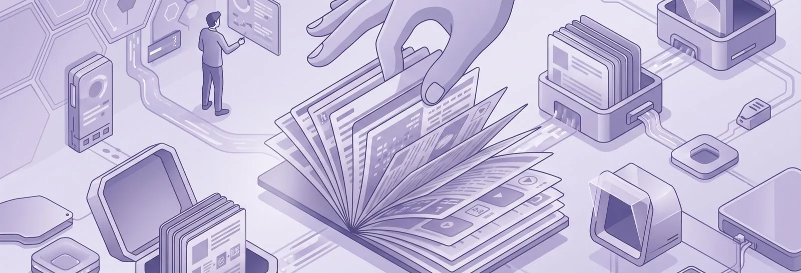A hand adjusts fanned SCORM content cards, ready to convert H5P SCORM into various receiving ports