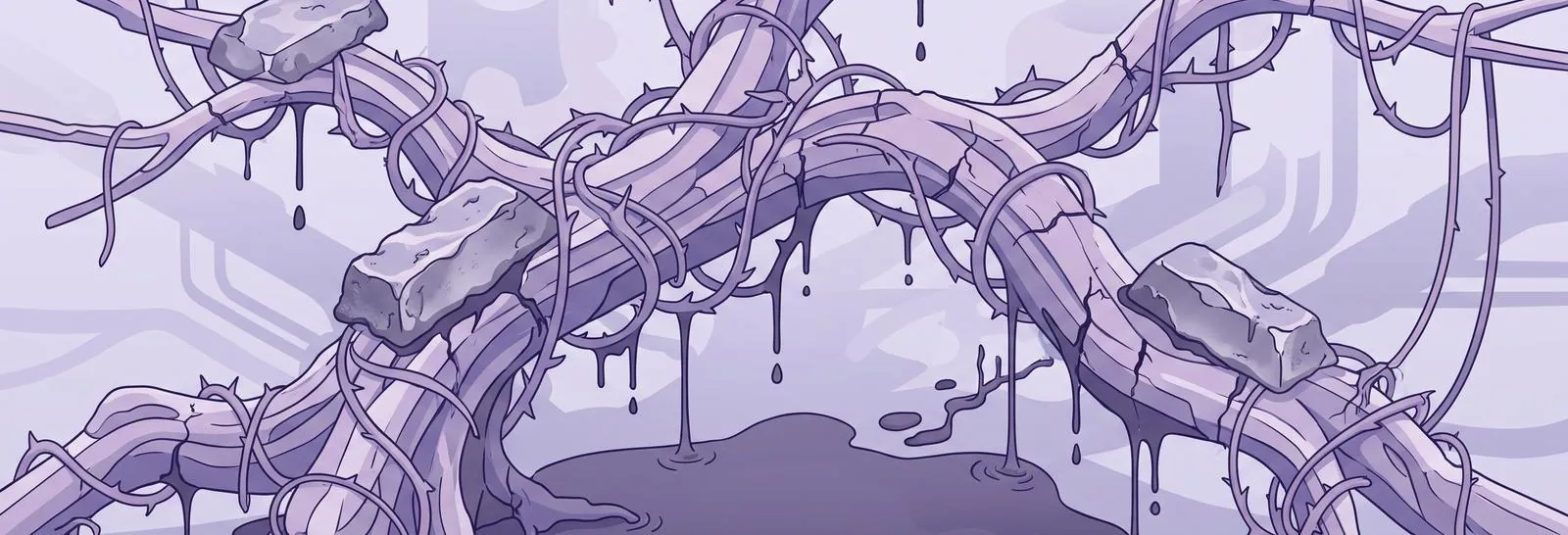 Thorny overgrown vines and roots swallowing cracked stone slabs, an illustration of a course tree left to sprawl without moodle course creation permissions