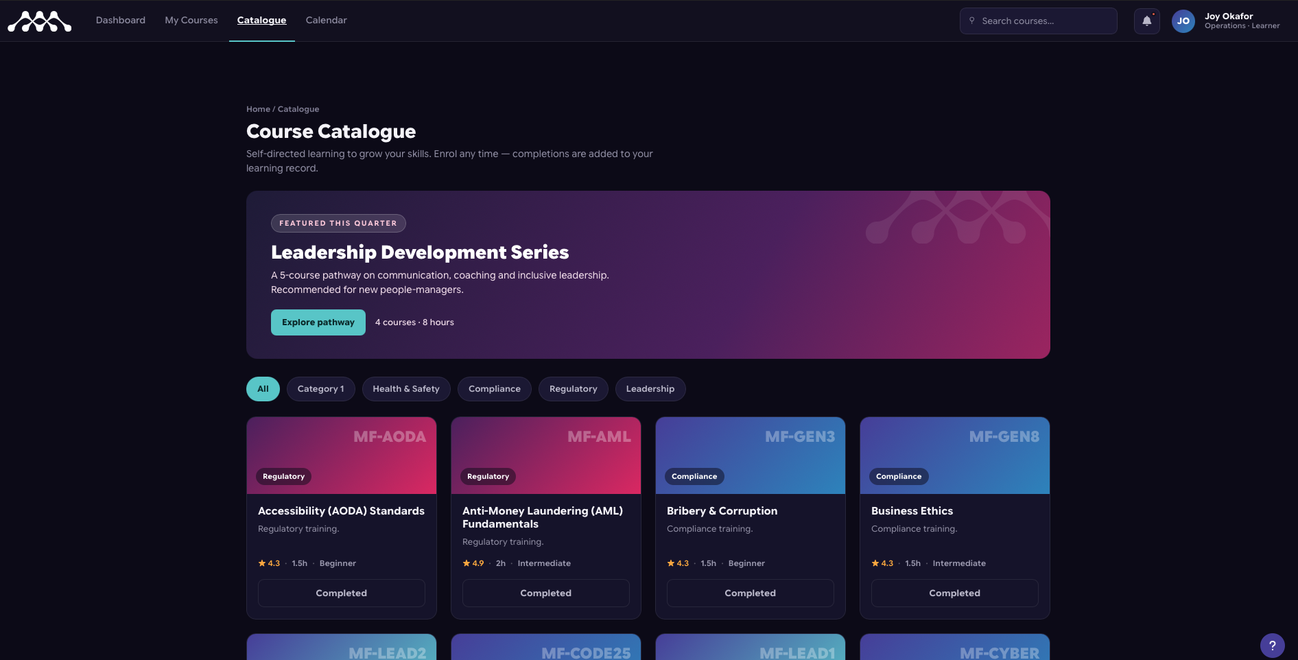 Moodle course catalogue featuring a featured leadership pathway and categorized compliance training modules