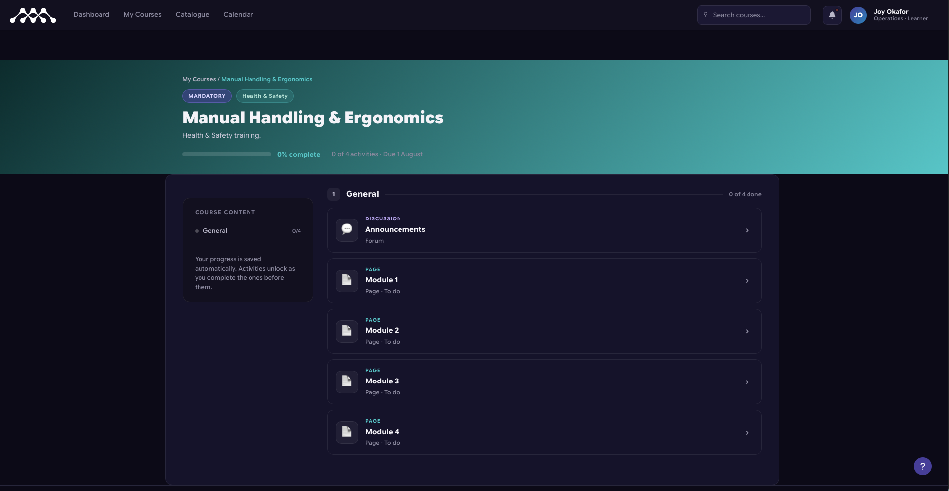 Course content view for a manual handling module in Moodle showing the sequential lesson structure and progress