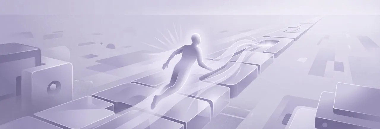 An abstract, luminous figure glides on a self-forming geometric pathway, illustrating the imis Moodle bridge pros and cons