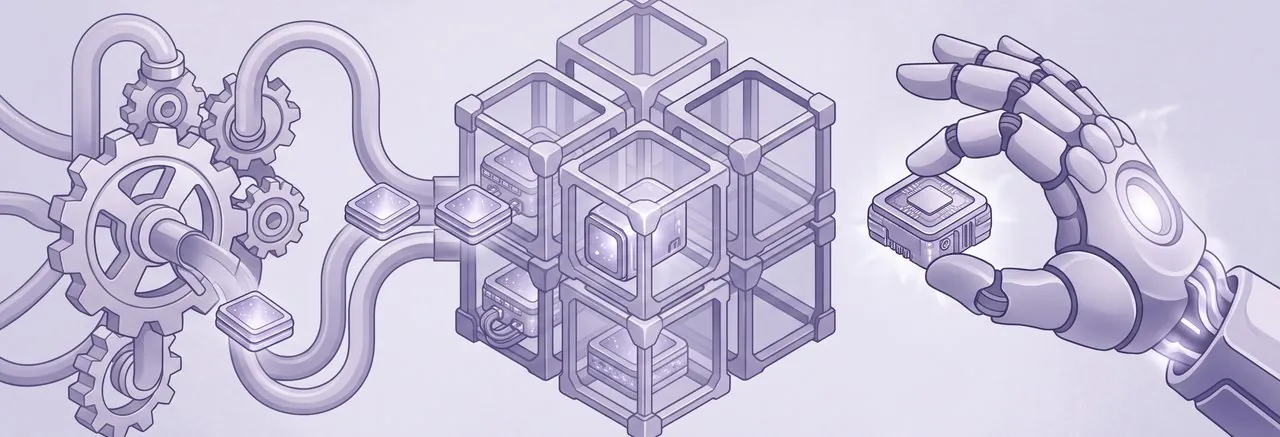 Gears and pipes feed modules into a glass framework while a robotic hand places one by hand, weighing automatic and manual releases in a Moodle plugin update strategy