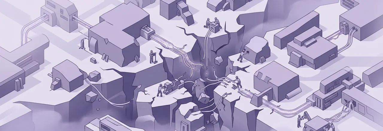 An aerial view illustrates the imis Moodle bridge pros and cons with system blocks, chasms, and connection conduits being assembled by worker figures