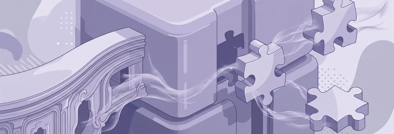 Puzzle pieces representing plugins and an ornate facade symbolizing a theme connect to a new host, illustrating how to migrate Moodle to a new host