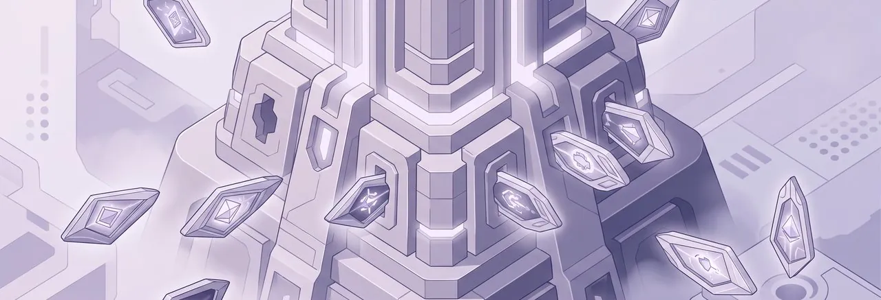 A towering authenticator absorbing glowing identity shards, representing Moodle user provisioning from a single system of record