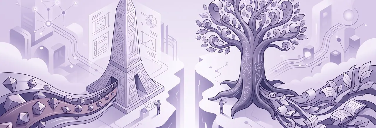 A product spire and a learning tree on separate cliffs, the split of data ownership that decides the Moodle PIM integration pros and cons