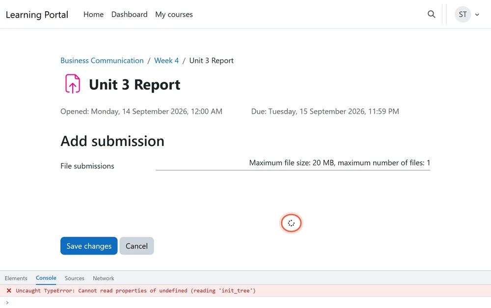 A student's Add submission page stuck on an endless Moodle file picker spin, with the init_tree error showing in the browser console