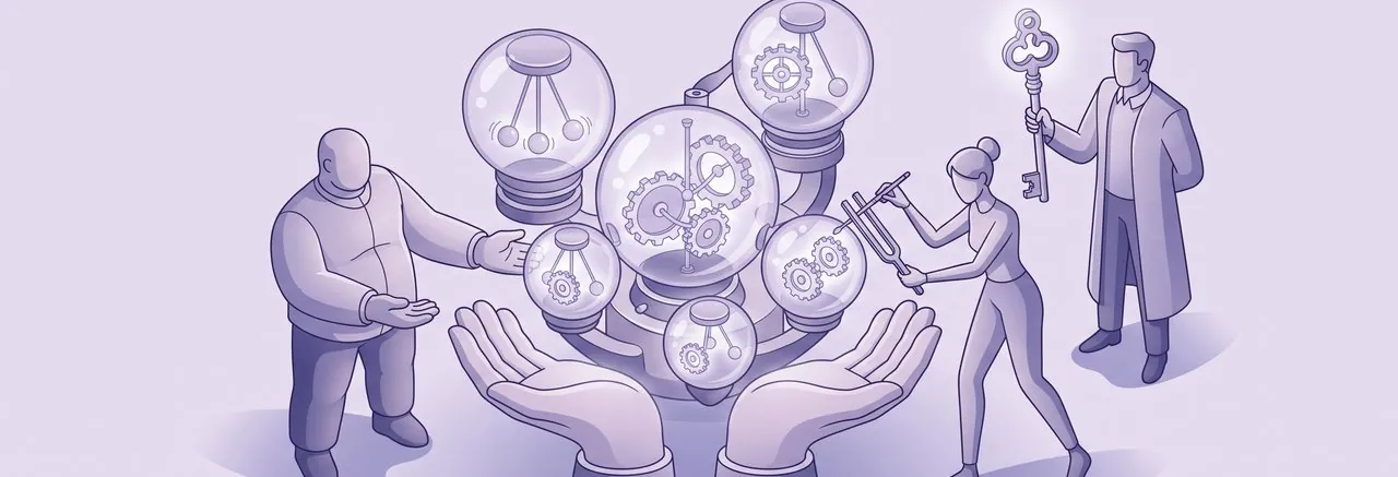 Three stylized guardian figures oversee a central system of interconnected kinetic spheres, representing Moodle cron job management