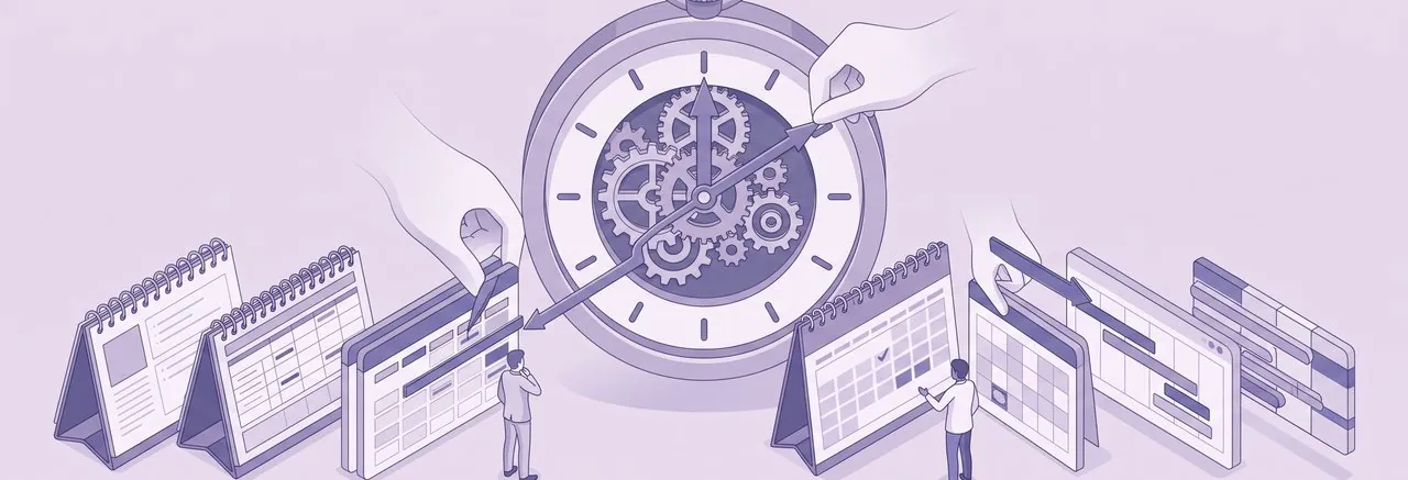 A steady hand resetting a large clock face while a row of calendars below is checked and corrected, the guided work of getting ahead of the Moodle 5.1 Alberta time change
