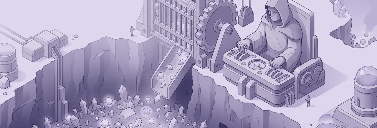 A monumental stone figure sifting data shards above an abyss, the keep-or-delete call at the centre of Moodle data retention strategies for edupreneurs