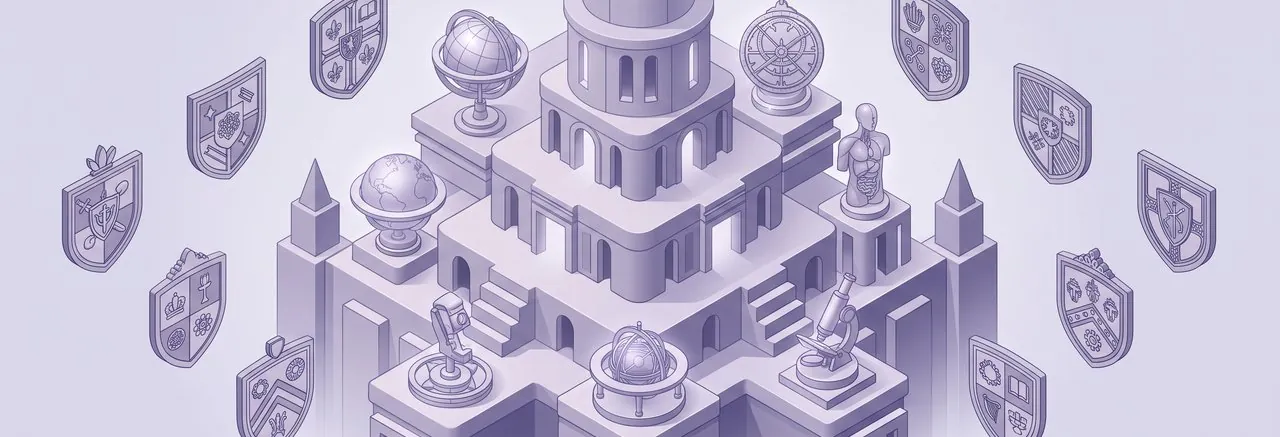 A grand academic forum features a multi-tiered knowledge edifice with glowing instruments, surrounded by heraldic crests representing Moodle plugins associations