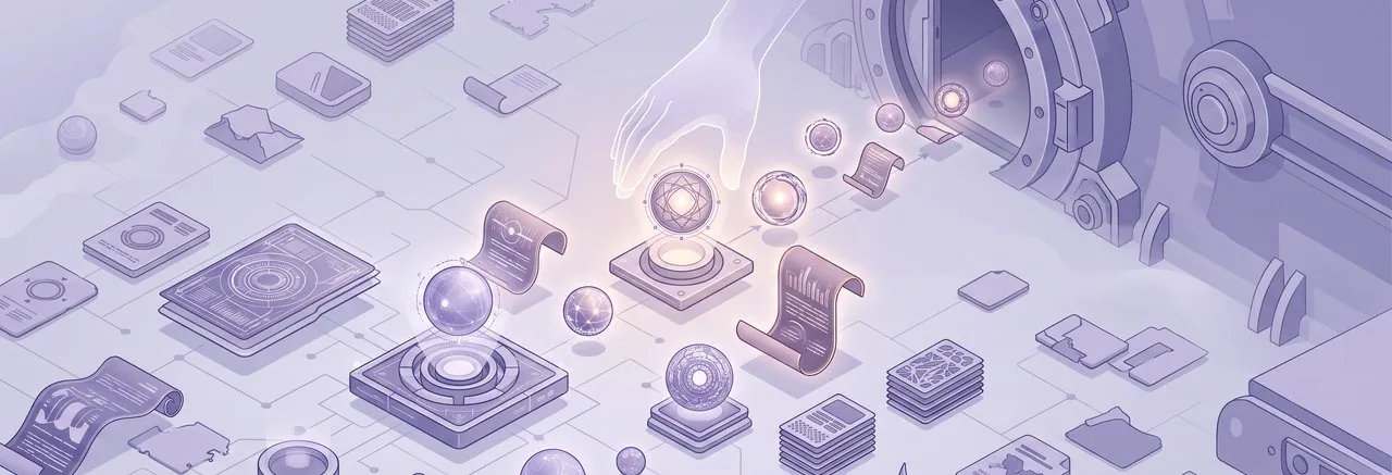 A hand lifting glowing assets from a field of documents beside a vault door, showing what matters most when you protect Moodle course content