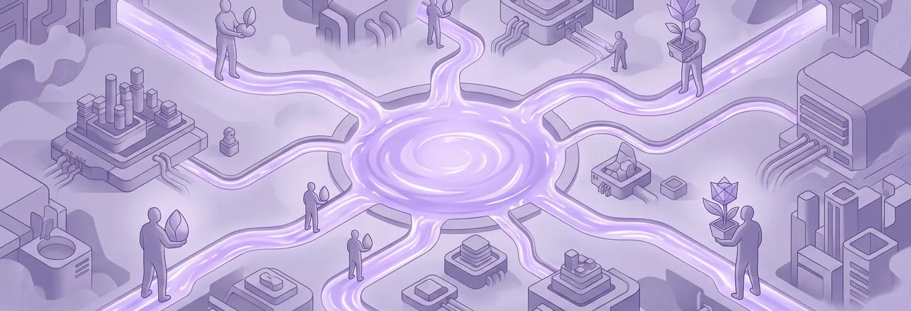 A vibrant landscape with a central data wellspring and luminous learning paths illustrates career progression with Moodle AI for professional associations