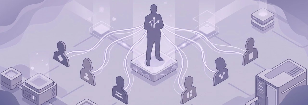 A commanding silhouette on a raised crystalline platform stands over the flat list of people that managing direct reports in Moodle actually produces