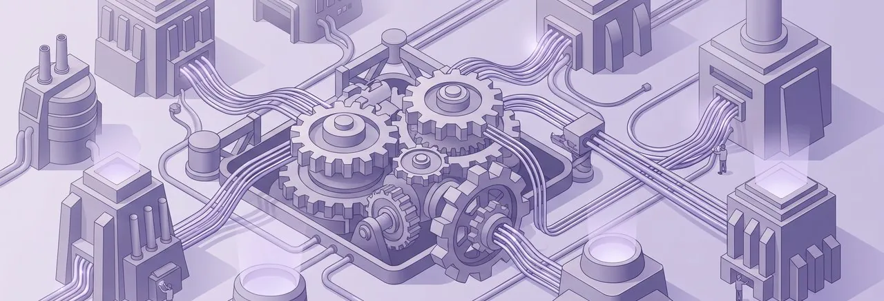 A master clockwork mechanism, representing Moodle, drives various industrial structures through conduits, illustrating complex Moodle plugins associations