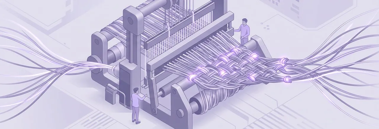 An intricate loom interweaves shimmering strands, symbolizing the deliberate creation of strong manager relationships when managing direct reports in Moodle