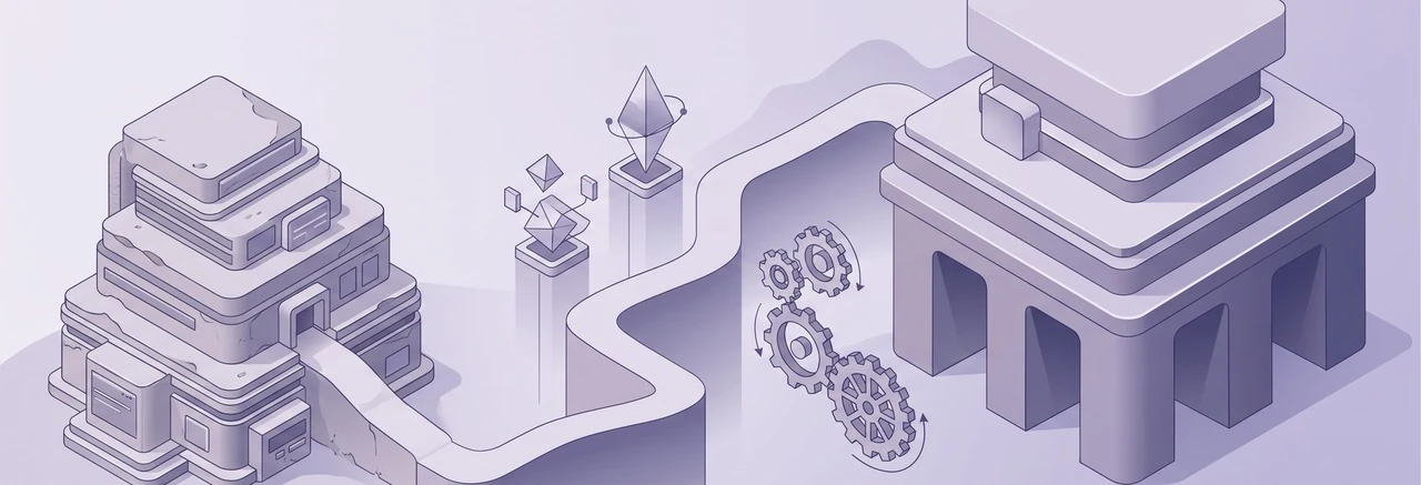 A winding path from an old learning platform to a new, robust Moodle 5.3 LTS upgrade, flanked by planning nodes and gears
