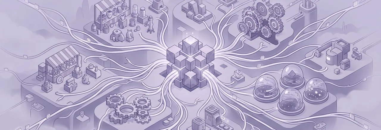 A crystalline core anchors a thriving ecosystem of interconnected commercial applications and services, illustrating leveraging Moodle and AI for edupreneurs