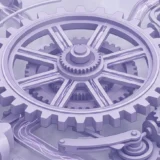 A vast, intricate clockwork mechanism with a colossal main gear and interconnected smaller cogs illustrates Moodle cron job management