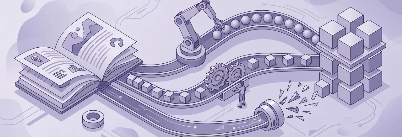 Product blocks carried from a catalog along manual, scheduled and robotic conveyor routes, the three options weighed in the Moodle PIM integration pros and cons