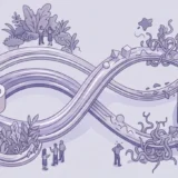 An illustration depicting the Moodle PIM integration pros and cons, with learning and manufacturing facilities connected by pathways of varying ease
