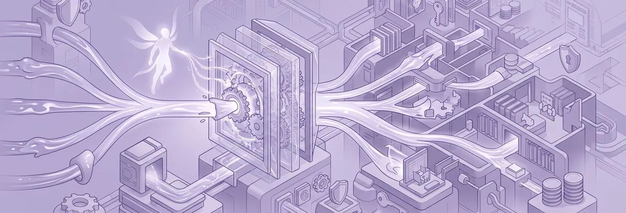 Streams of user identity converging at a unity gate into a learning citadel, representing expert guidance on Moodle user provisioning
